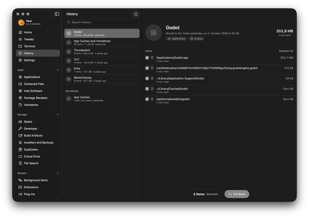 Peel’s History: Godot with its app, caches, support folder, and the command Homebrew linked to it, moved to the Trash yesterday, each item ready to put back