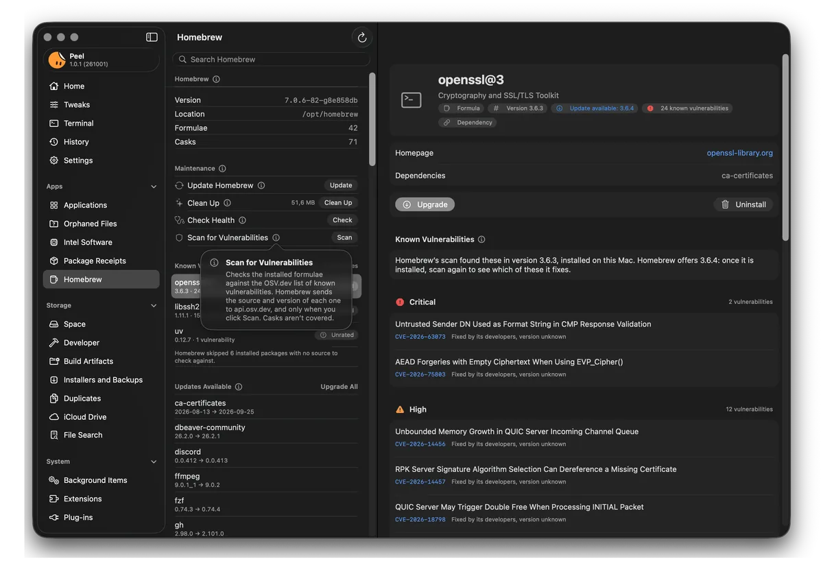 Peel’s Homebrew page: its maintenance buttons, the formulae with known vulnerabilities, and the packages with updates waiting