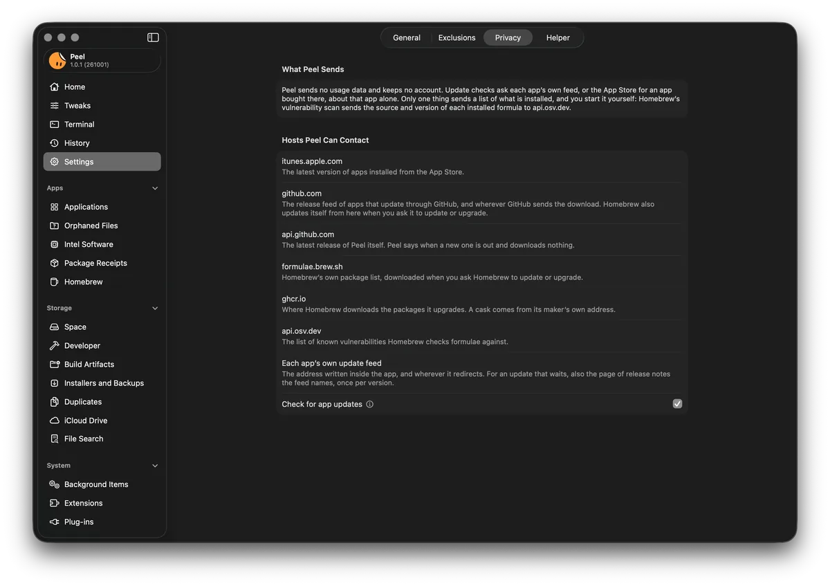 Peel’s Settings, on Privacy: what Peel sends, and every address Peel or Homebrew may contact, with the reason for each