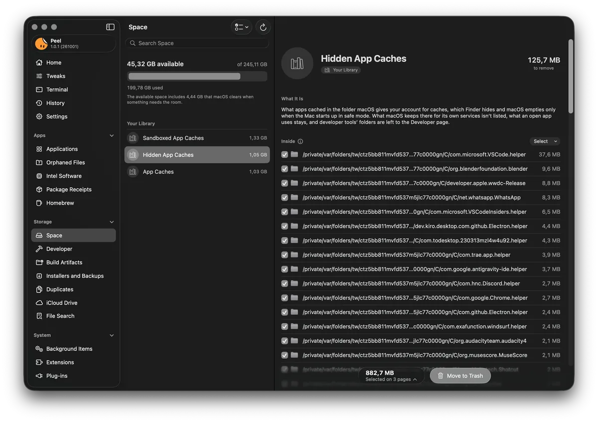 Peel’s Space page: how much of the disk is free and used, the areas of your Library with their sizes, and Hidden App Caches open, with what it is and the caches inside it