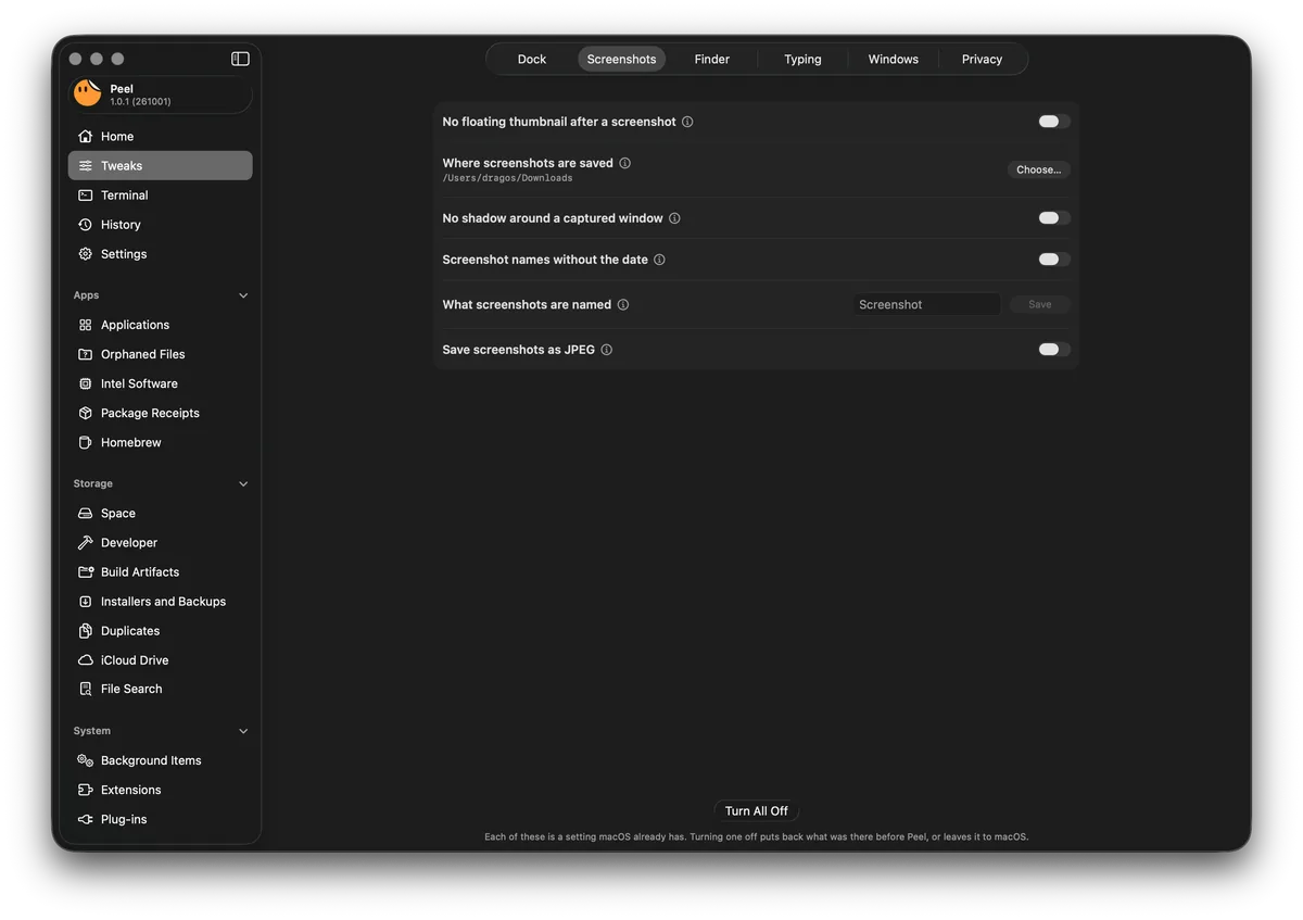 Peel’s Tweaks page, on Screenshots: no floating thumbnail, where screenshots are saved, no shadow around a captured window, and more, each with its own control