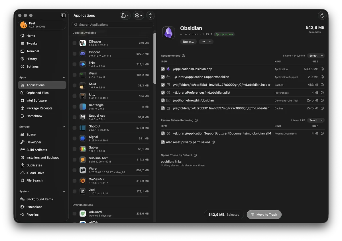 Peel uninstalling Obsidian: the app, what it left in Application Support, caches, and preferences, and the command Homebrew linked to it, each with its kind and size